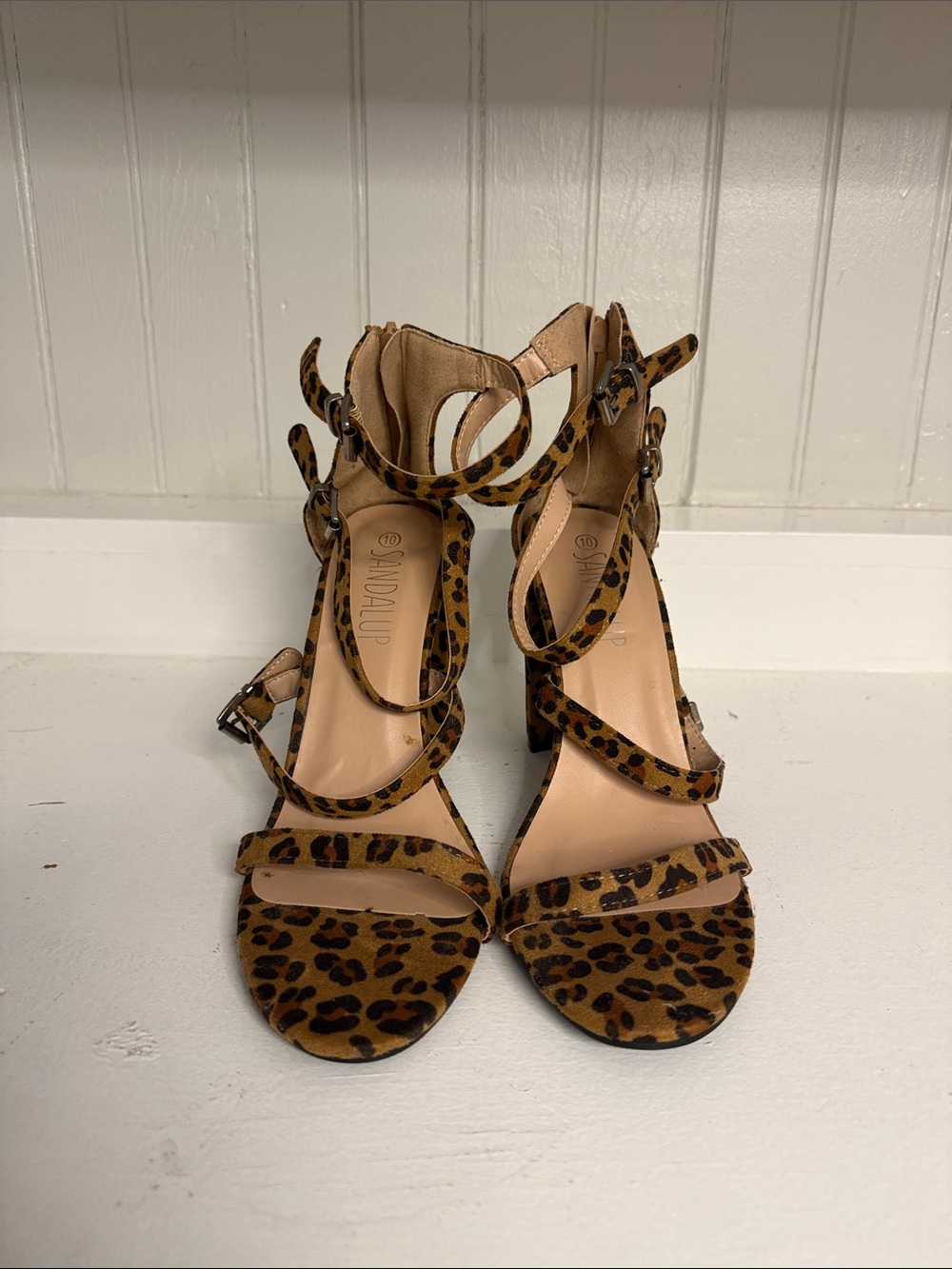 Leopard Print Strappy Block Heel Sandals - Tan